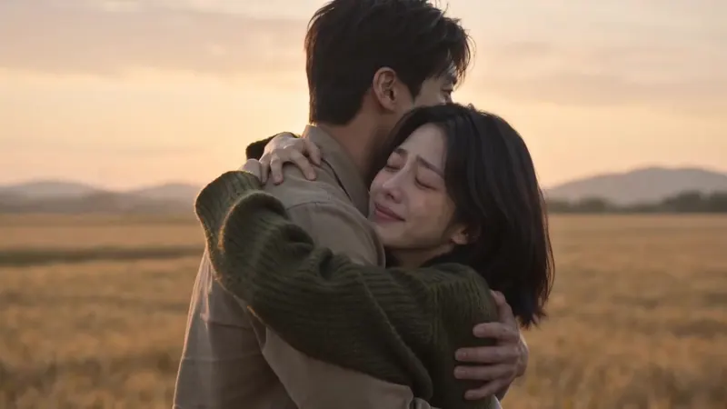 The couple hugging in a golden wheat field at sunset